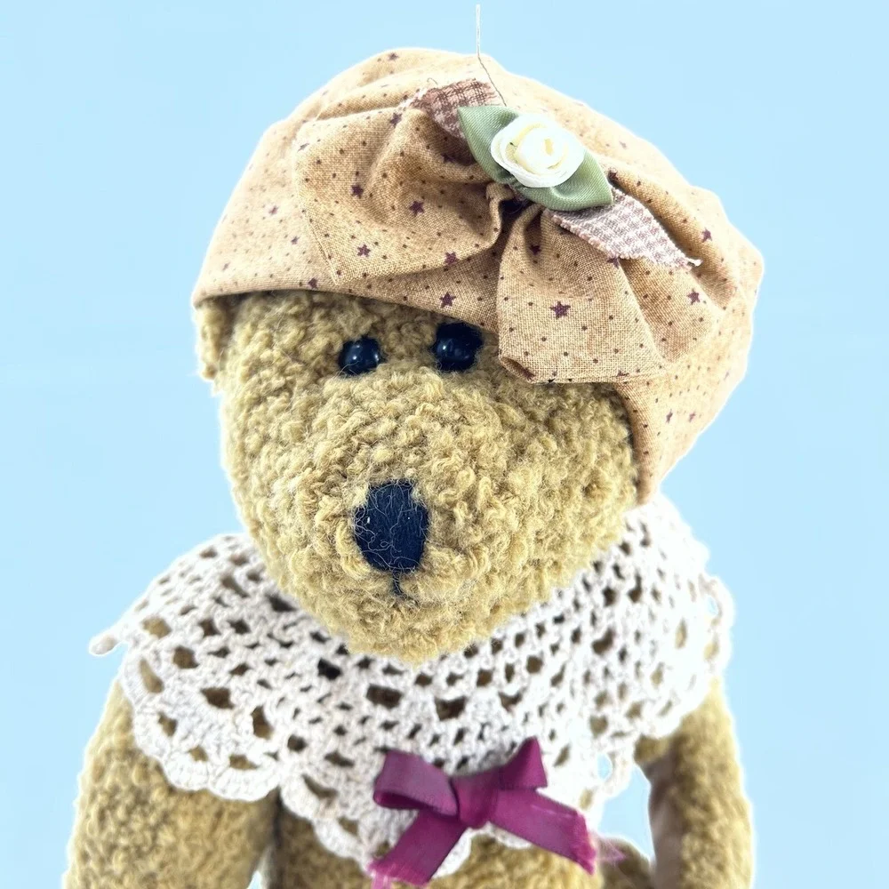 2 Vintage Russ Berrie Jointed Plush Boy Girl‎ Bears Cords Lace Pair Stands 14